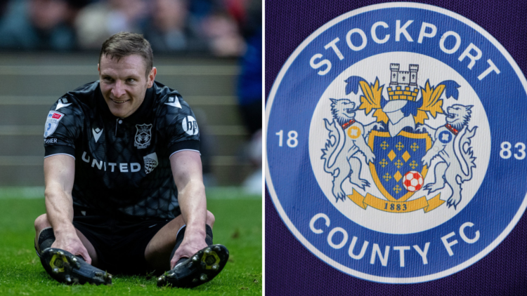 Split image, (L) Paul Mullin of Wrexham AFC during the Sky Bet League One match between Charlton Athletic FC and Wrexham. (R) A Stockport County ba...