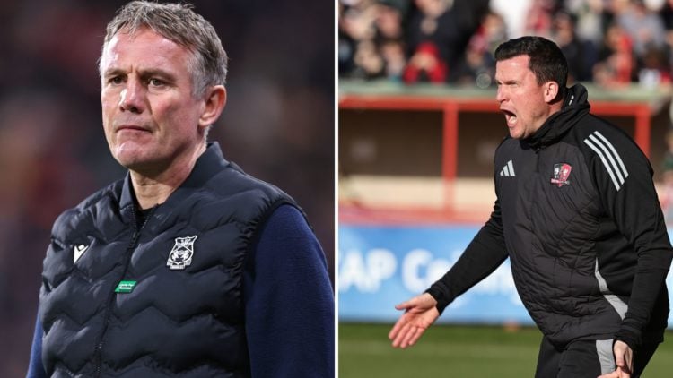 Split Image of: Phil Parkinson manager / head coach of Wrexham during the Sky Bet League One match between Huddersfield Town AFC and Wrexham AFC, E...