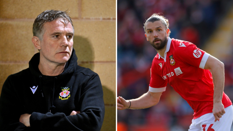 Split image, Jay Rodriguez of Wrexham looks on during the Sky Bet League One match between Wrexham AFC and Bolton Wanderers. Phil Parkinson, Manage...