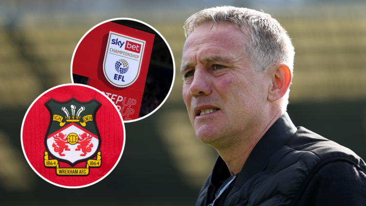 Wrexham manager Phil Parkinson. Inset, Sky Bet Championship logo and Wrexham badge.