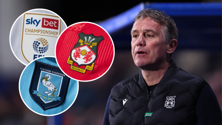 Image of Phil Parkinson. Inset, Wrexham badge, Wycombe Wanderers badge, and Sky Bet Championship logo.
