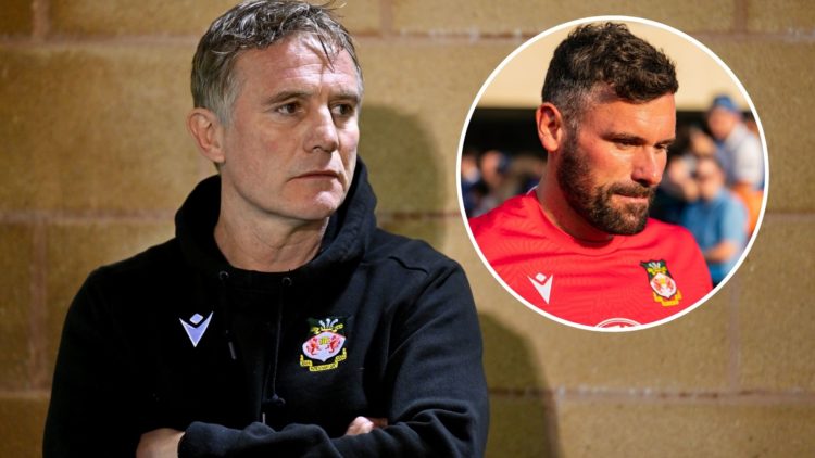 Phil Parkinson, Manager of Wrexham, looks on prior to the Sky Bet League Two match between Forest Green Rovers and Wrexham. Inset, former Wrexham g...
