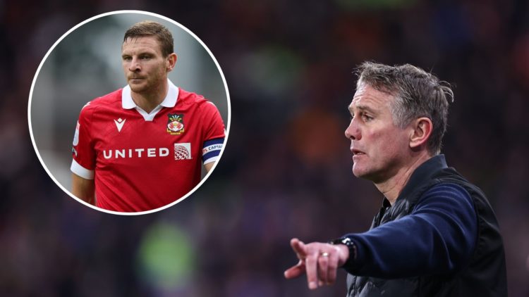 Wrexham manager Phil Parkinson watches on against Huddersfield Town on March 4, 2025. Inset, Wrexham striker Paul Mullin.