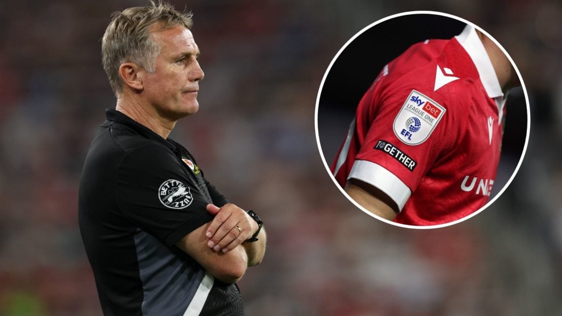 Wrexham boss Phil Parkinson during the pre-season friendly against Manchester United v Wrexham in 2023. Inset, the League One logo on the sleeve of...