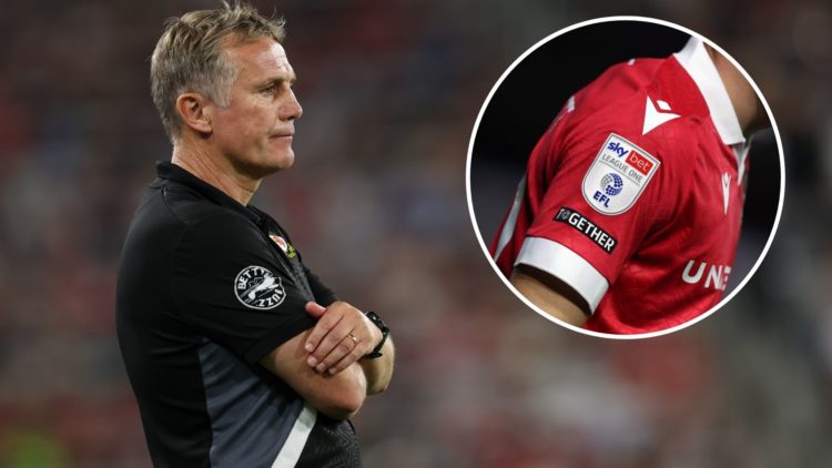 Wrexham boss Phil Parkinson during the pre-season friendly against Manchester United v Wrexham in 2023. Inset, the League One logo on the sleeve of...