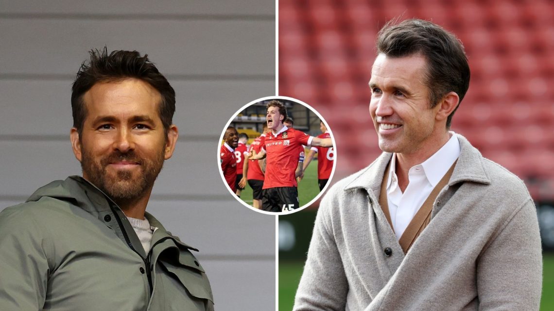Split Image of: Ryan Reynolds, Co-Owner of Wrexham looks on during the Emirates FA Cup Fourth Round match between Wrexham and Sheffield United, Cha...