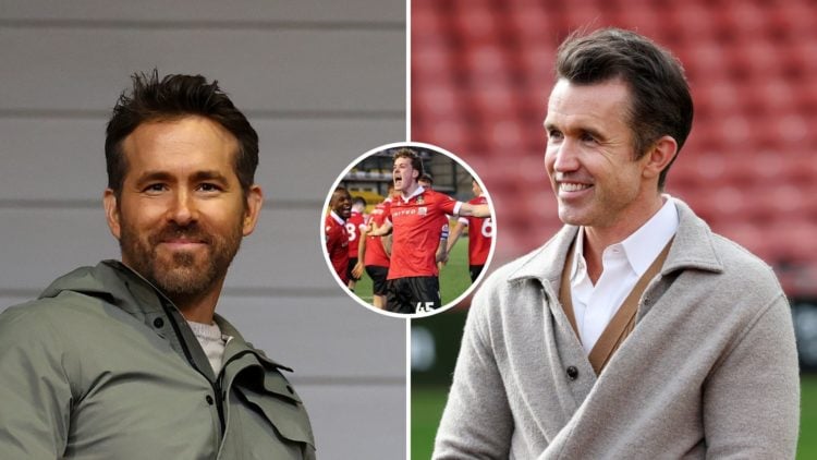 Split Image of: Ryan Reynolds, Co-Owner of Wrexham looks on during the Emirates FA Cup Fourth Round match between Wrexham and Sheffield United, Cha...