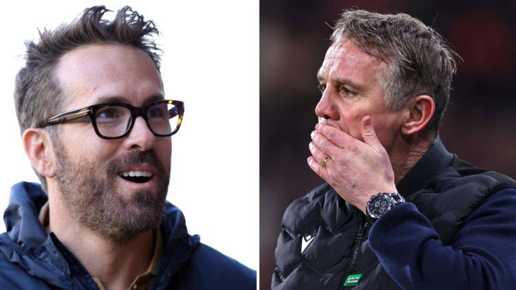 Split image, (L) Ryan Reynolds, Owner of Wrexham looks on during the Vanarama National League match between Wrexham and Notts County at The Racecou...