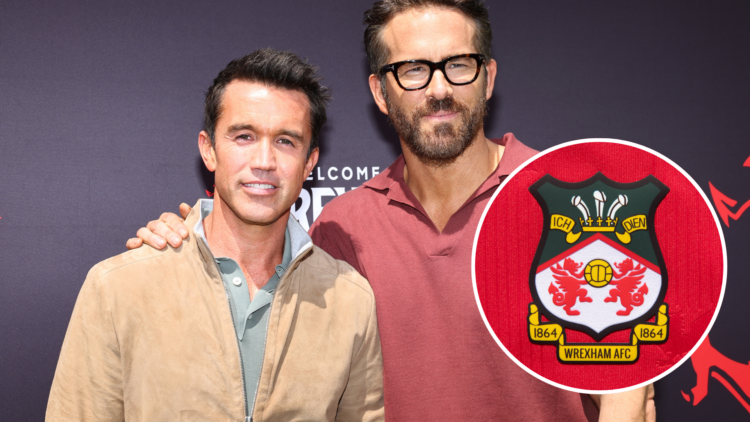 Ryan Reynolds and Rob McElhenney. Inset, Wrexham badge.