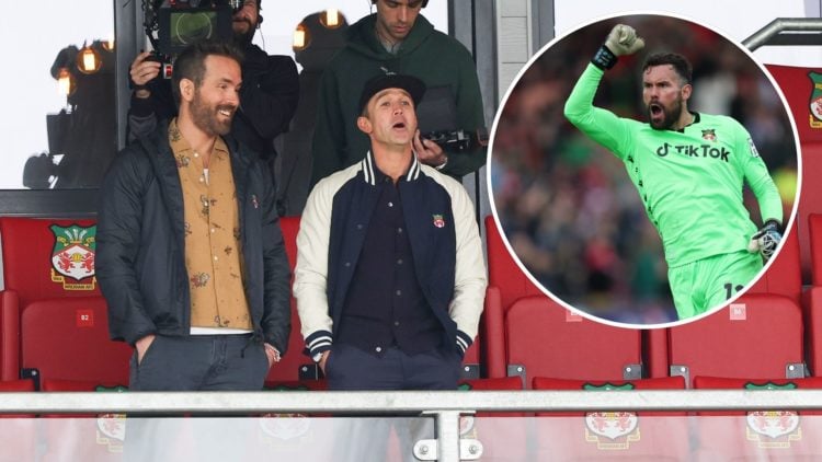 Wrexham owners Ryan Reynolds and Rob McElhenney during the Vanarama National League fixture between Wrexham and Notts County at The Racecourse Grou...