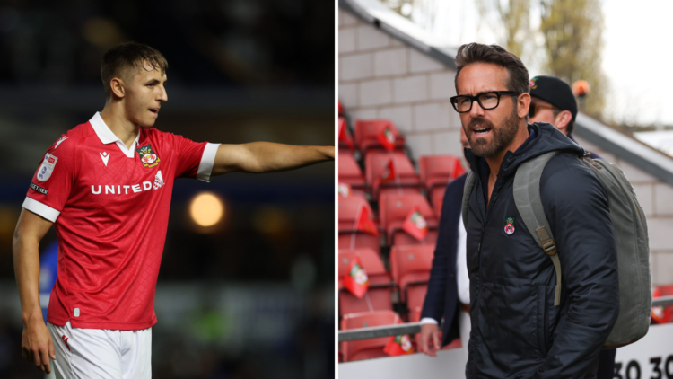 Split image, (L) Max Cleworth of Wrexham during the Sky Bet League One match between Birmingham City FC and Wrexham. (R) Rob McElhenney and Ryan Re...