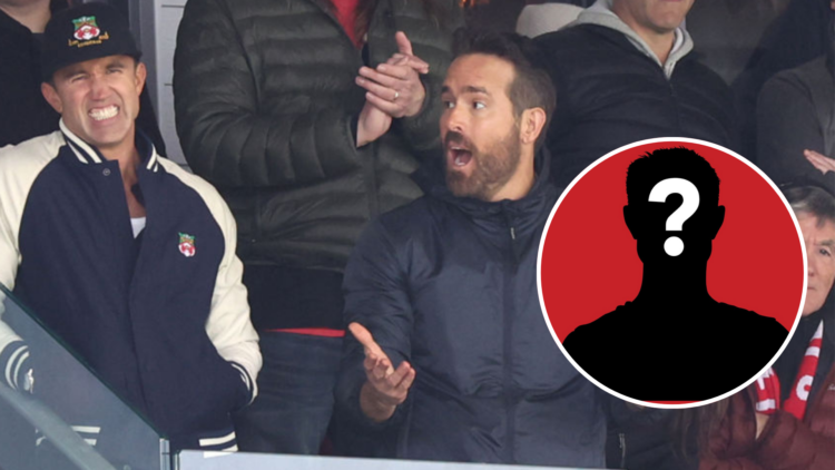 Ryan Reynolds and Rob McElhenney during the Vanarama National League fixture between Wrexham and Notts County. Inset, mystery player