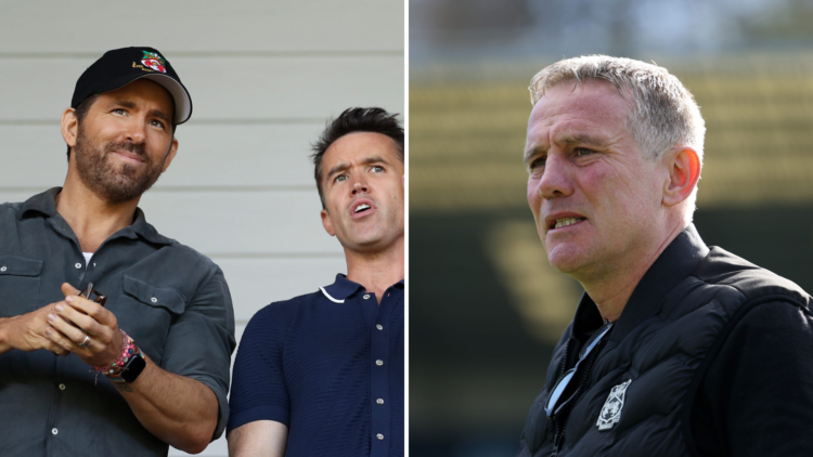 Split image, (L) Ryan Reynolds, Owner of Wrexham and Rob McElhenney, Actor and Co-Owner of Wrexham react prior to the Vanarama National League Play...