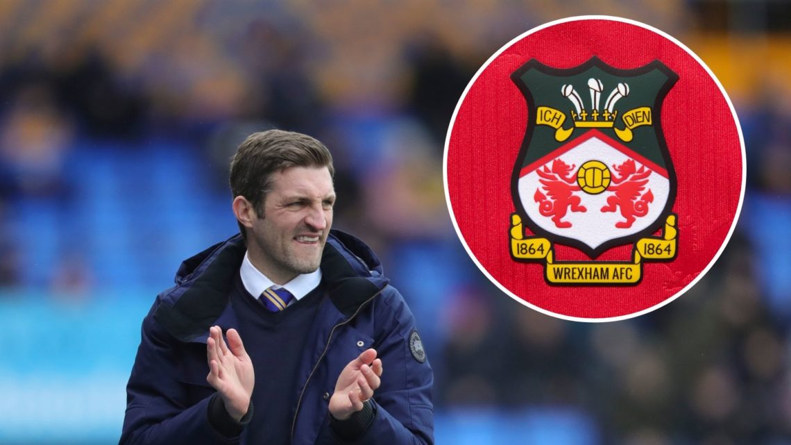 Shrewsbury Town manager Sam Ricketts looks on during the League One match against Bristol Rovers in 2020. Inset, a general image of the Wrexham crest.