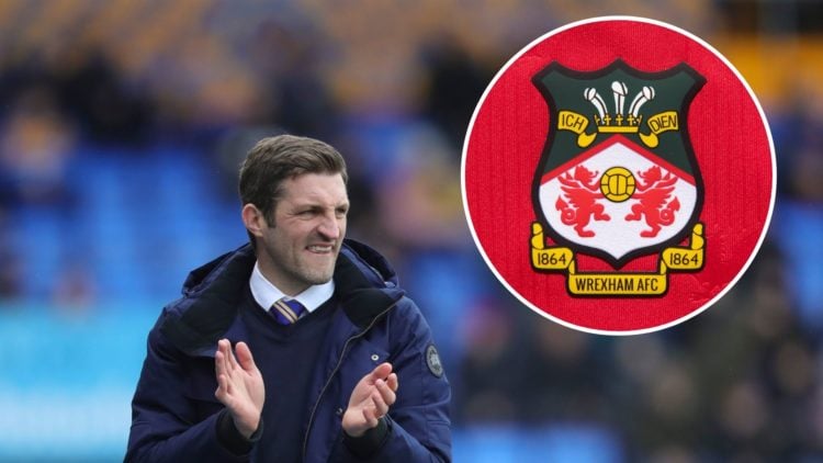 Shrewsbury Town manager Sam Ricketts looks on during the League One match against Bristol Rovers in 2020. Inset, a general image of the Wrexham crest.