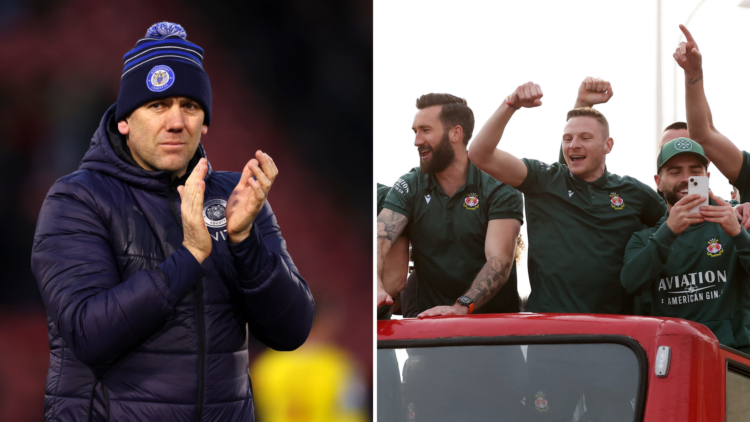 Split image, (L) Dave Challinor, manager of Stockport County celebrates after the Sky Bet League One match between Leyton Orient FC and Stockport C...
