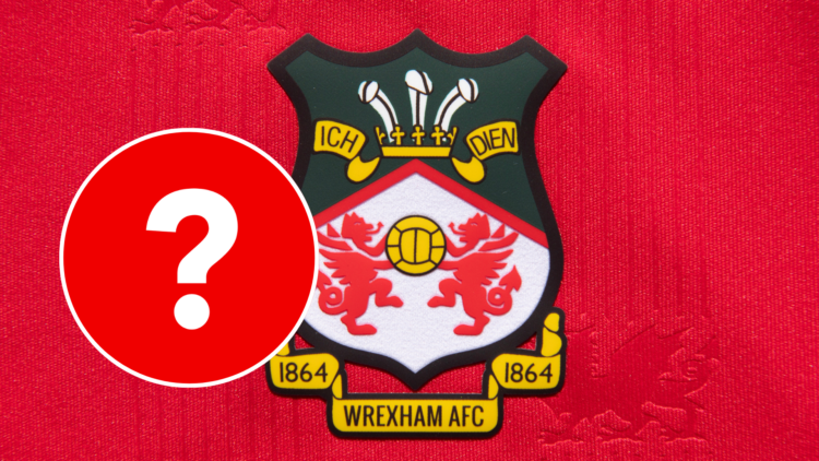 Wrexham badge. Inset, a question mark graphic.