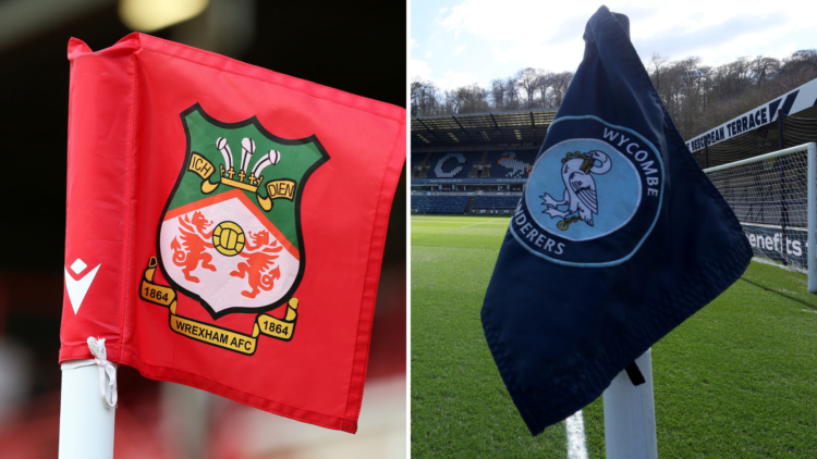 Split image, (L) A detailed view of a Wrexham corner flag is seen during the Vanarama National League match between Wrexham and Aldershot Town. (R)...
