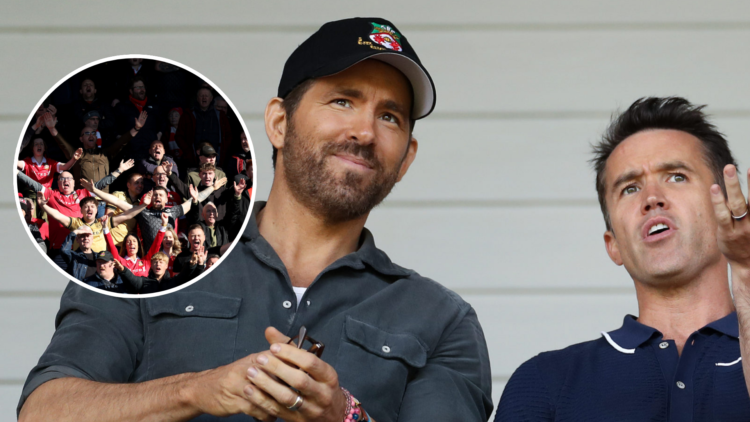 Ryan Reynolds, Owner of Wrexham and Rob McElhenney, Actor and Co-Owner of Wrexham react prior to the Vanarama National League Play-Off Semi Final m...