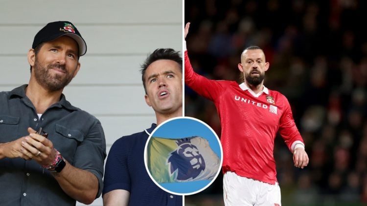 Split Image of: Ryan Reynolds, Owner of Wrexham and Rob McElhenney, Actor and Co-Owner of Wrexham react prior to the Vanarama National League Play-...