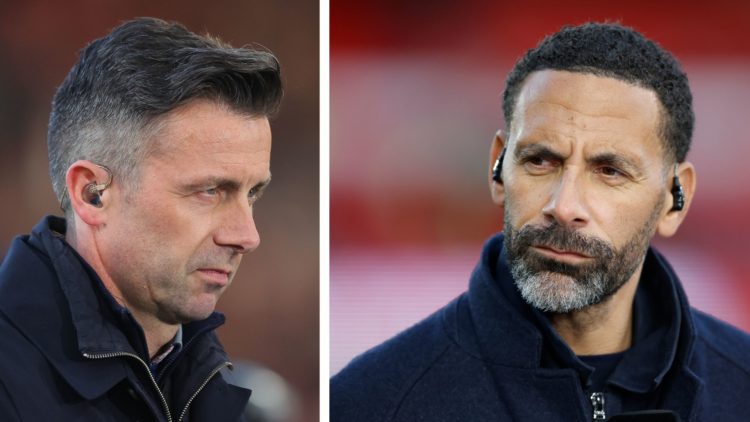 Split image of Pundit David Prutton and Rio Ferdinand TNT TV Pundit on the side line.