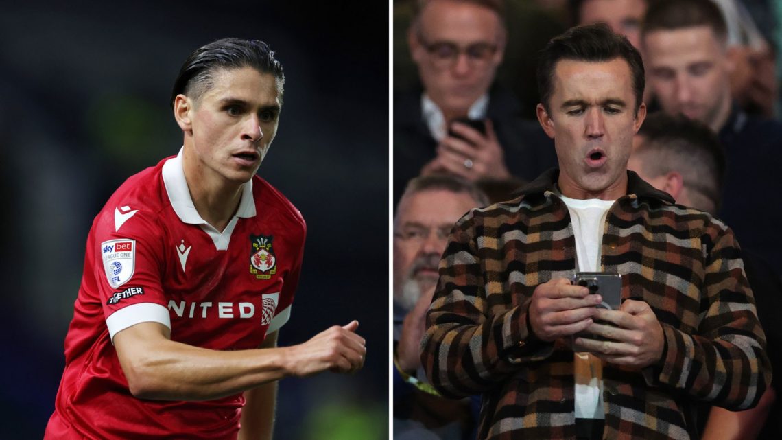 Split Image of: George Dobson of Wrexham during the Sky Bet League One match between Birmingham City FC and Wrexham, Rob McElhenney, Co-Owner of Wr...