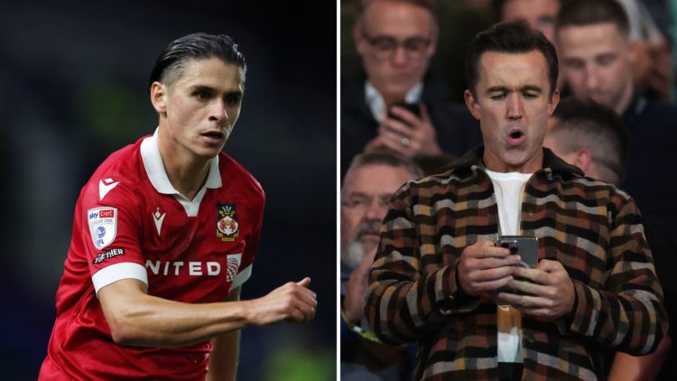 Split Image of: George Dobson of Wrexham during the Sky Bet League One match between Birmingham City FC and Wrexham, Rob McElhenney, Co-Owner of Wr...