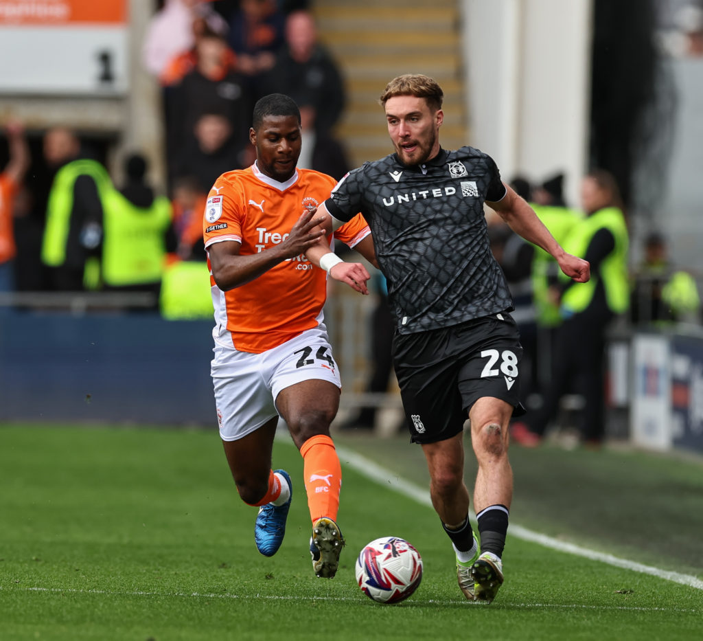 Sam Smith in action during Blackpool FC v Wrexham AFC in the Sky Bet League One clash.