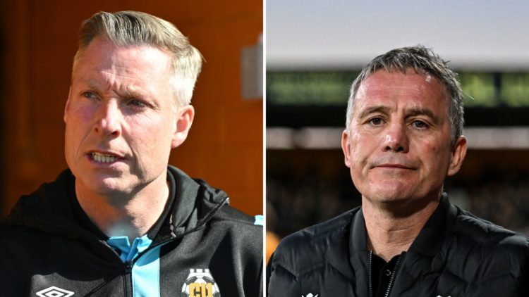Split Image of: Neil Harris (Manager of Cambridge United) stands before the Sky Bet League 1 match between Cambridge United and Northampton Town, P...