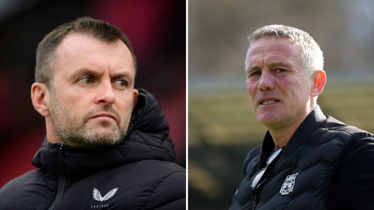 Split Image of: Nathan Jones, manager of Charlton Athletic during the Sky Bet League One match between Lincoln City FC and Charlton, Phil Parkinson...