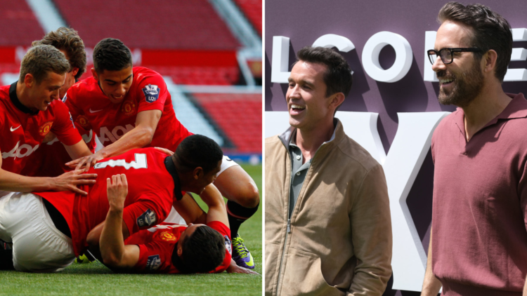 Split image, (L) Tom Lawrence of Manchester United celebrates his goal with team mates during the Barclays Under-21 Premier League Final match betw...