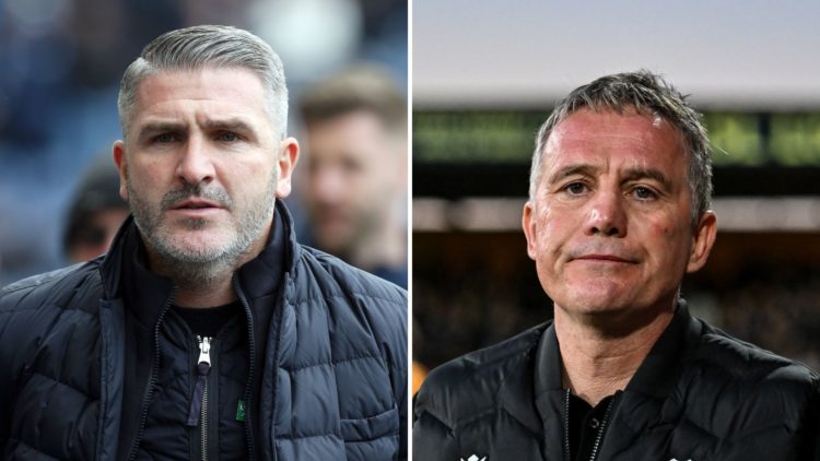 Split Image of: Ryan Lowe during the Sky Bet Championship between Preston North End and Wigan Athletic, Phil Parkinson (Manager Wrexham) looks on d...