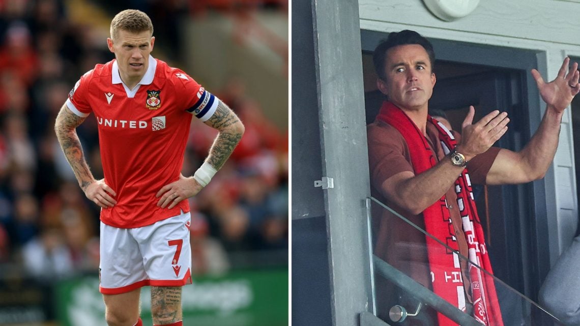 Split Image of: James McClean of Wrexham AFC during the Sky Bet League One match between Wrexham AFC and Stockport County, Rob McElhenney co - owne...