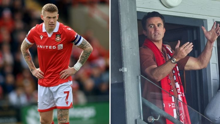 Split Image of: James McClean of Wrexham AFC during the Sky Bet League One match between Wrexham AFC and Stockport County, Rob McElhenney co - owne...