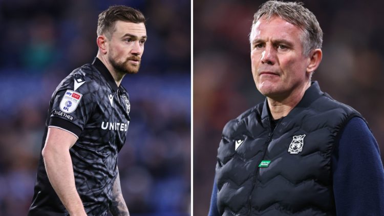 Split Image of: Jack Marriott of Wrexham during the Sky Bet League One match between Huddersfield Town AFC and Wrexham AFC, Phil Parkinson manager ...