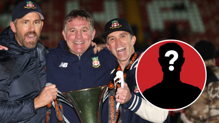 Phil Parkinson the head coach / manager of Wrexham, Ryan Reynolds co-owner of Wrexham and Rob McElhenney co-owner of Wrexham with the Vanarama Nati...