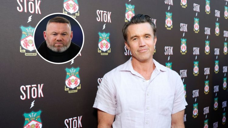 Image of: Rob McElhenney, Co-Chairman, Wrexham AFC attends Wrexham AFC's Wrex Coast Tour Kick-Off Party Inset of: Wayne Rooney during the UEFA Cham...