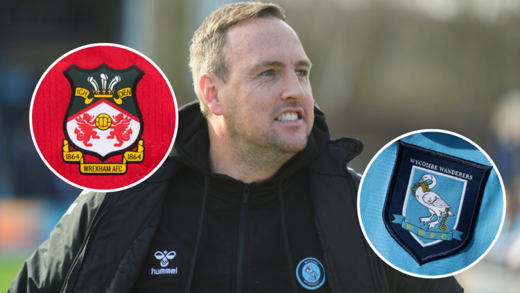 Wycombe Wanderers boss Mike Dodds. Inset, Wrexham and Wycombe badges.