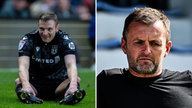 Split Image of: Paul Mullin of Wrexham AFC during the Sky Bet League One match between Charlton Athletic FC and Wrexham, Nathan Jones, manager of C...