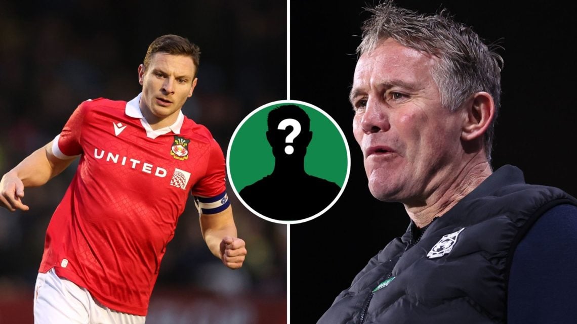 Split Image of: Paul Mullin of Wrexham looks on during the Emirates FA Cup First Round match between Harrogate Town and Wrexham, Phil Parkinson man...