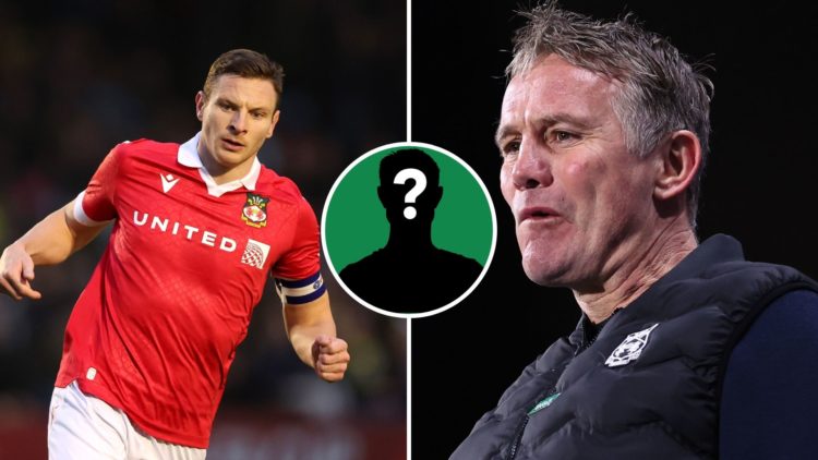 Split Image of: Paul Mullin of Wrexham looks on during the Emirates FA Cup First Round match between Harrogate Town and Wrexham, Phil Parkinson man...