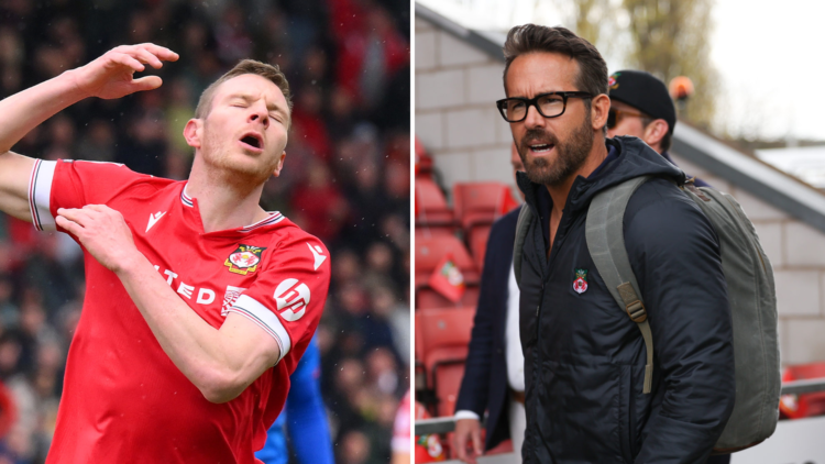 Split image, (L) Paul Mullin of Wrexham looks dejected during the Sky Bet League Two match between Wrexham and Stockport County (R) Wrexham Footbal...