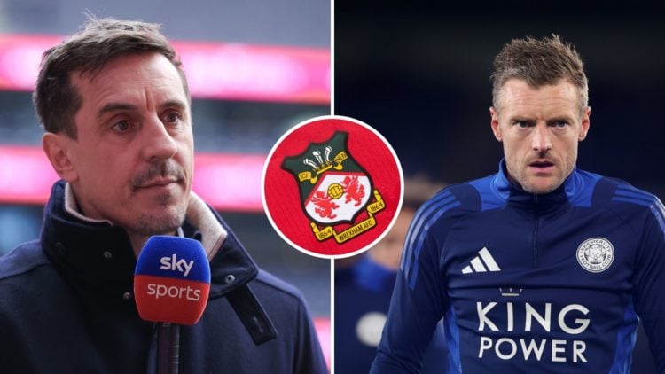 Split Image of: Gary Neville looks on prior to the Premier League match between Tottenham Hotspur FC and Manchester United, Jamie Vardy of Leiceste...