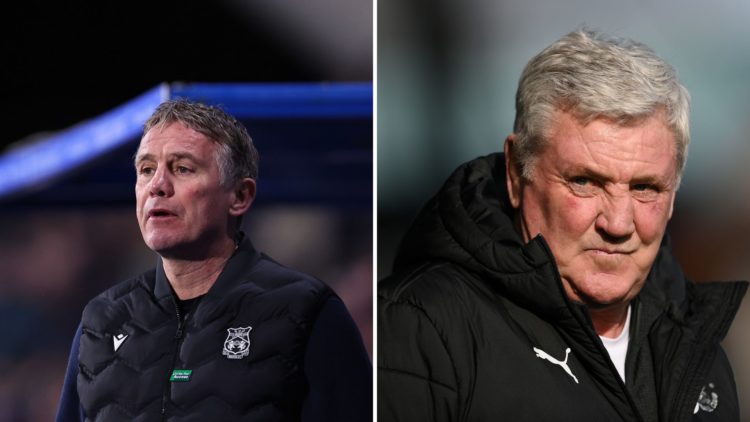 Split Image of: Phil Parkinson manager / head coach of Wrexham during the Sky Bet League One match between Huddersfield Town AFC and Wrexham, Steve...