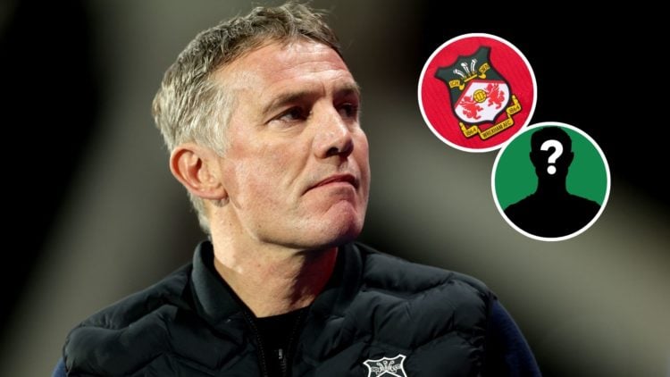 Image of: Phil Parkinson, manager of Wrexham AFC, during the Sky Bet League One match between Huddersfield Town AFC and Wrexham, Insets of: The off...