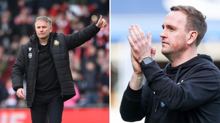 Split image, (L) A lap of honour by Phil Parkinson, Manager of Wrexham, following the Sky Bet League Two match between Wrexham and Stockport County...