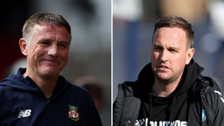 Split image, (L) Phil Parkinson, Manager of Wrexham smiles prior to the Vanarama National League match between Wrexham and Notts County. (R) Mike D...
