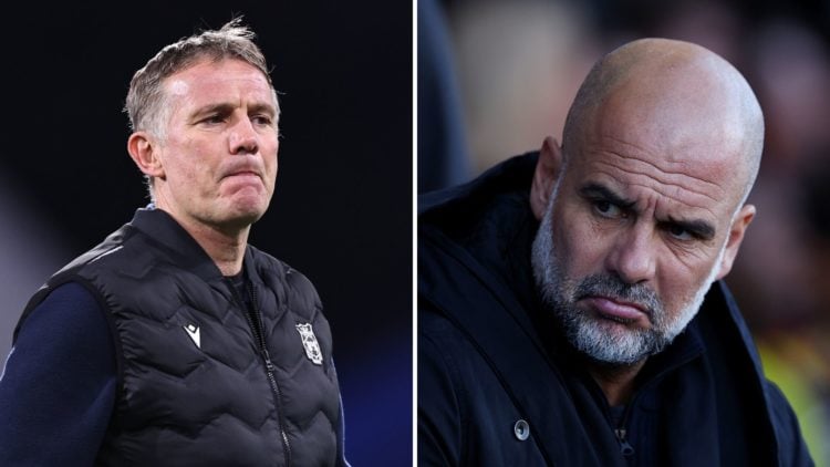 Split Image of: Phil Parkinson manager / head coach of Wrexham ahead of the Sky Bet League One match between Huddersfield Town AFC and Wrexham AFC,...
