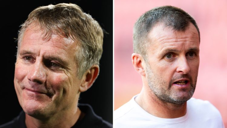 Split Image of: Phil Parkinson the head coach / manager of Wrexham during the Sky Bet League Two match between Wrexham and Walsall, Charlton Athlet...