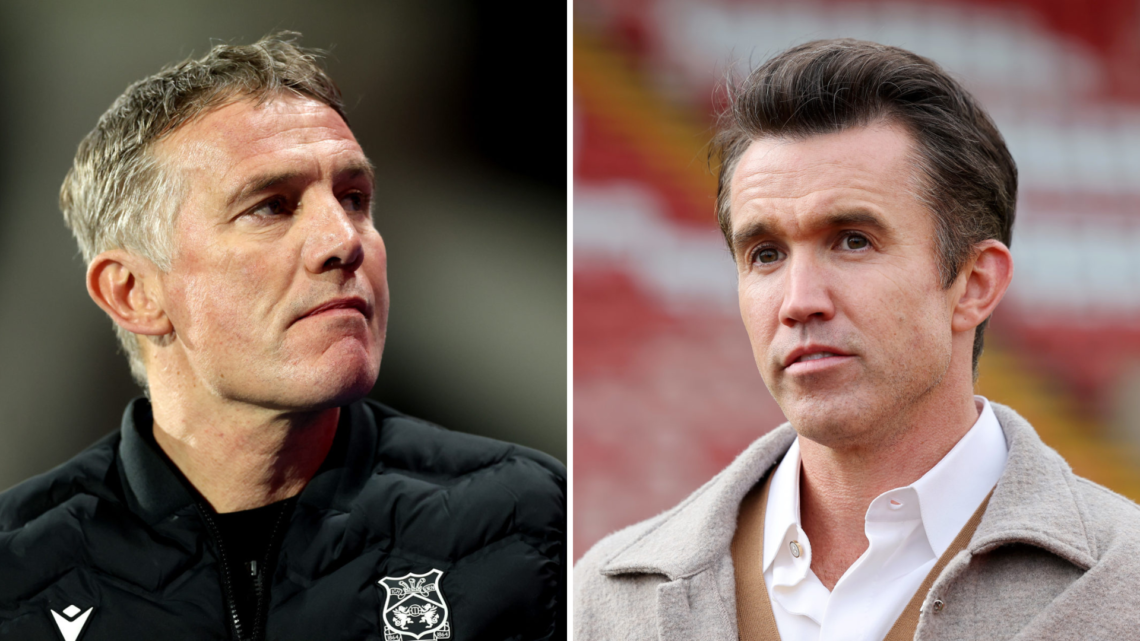Split image, (L) Phil Parkinson, manager of Wrexham AFC, during the Sky Bet League One match between Huddersfield Town AFC and Wrexham. (R) Chairma...